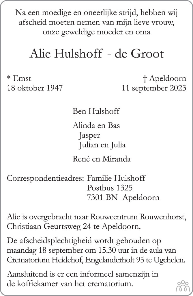 Overlijdensbericht van Alie  Hulshoff-de Groot in de Stentor