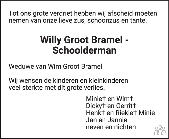 Overlijdensbericht van Wilhelmina Jacoba (Willy)  Groot Bramel-Schoolderman in de Stentor