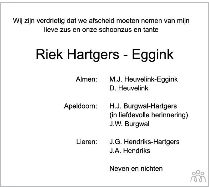 Overlijdensbericht van Hendrika Gerritje (Riek)  Hartgers-Eggink in de Stentor