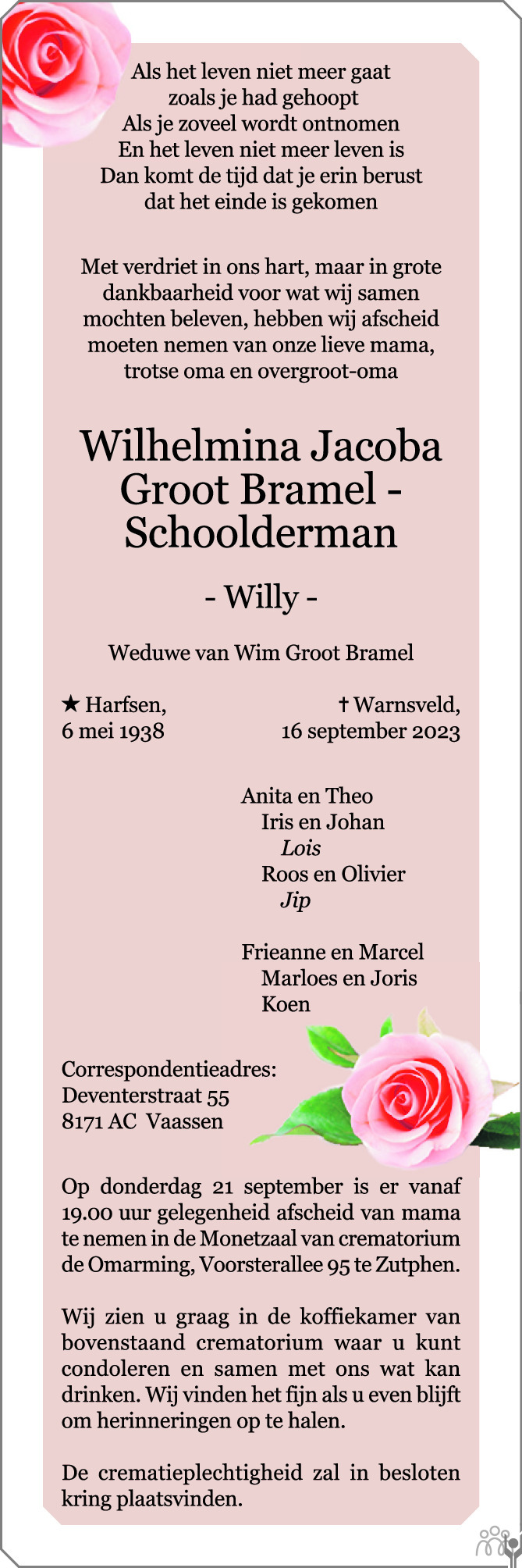 Overlijdensbericht van Wilhelmina Jacoba (Willy)  Groot Bramel-Schoolderman in de Stentor