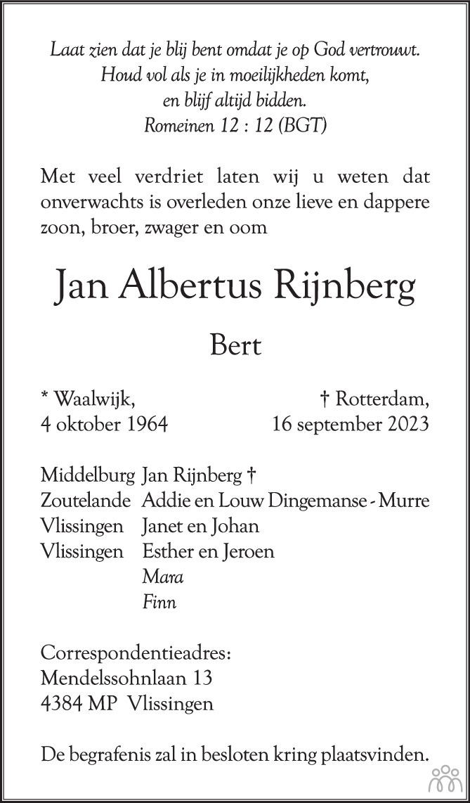Overlijdensbericht van Jan Albertus (Bert)  Rijnberg in PZC Provinciale Zeeuwse Courant
