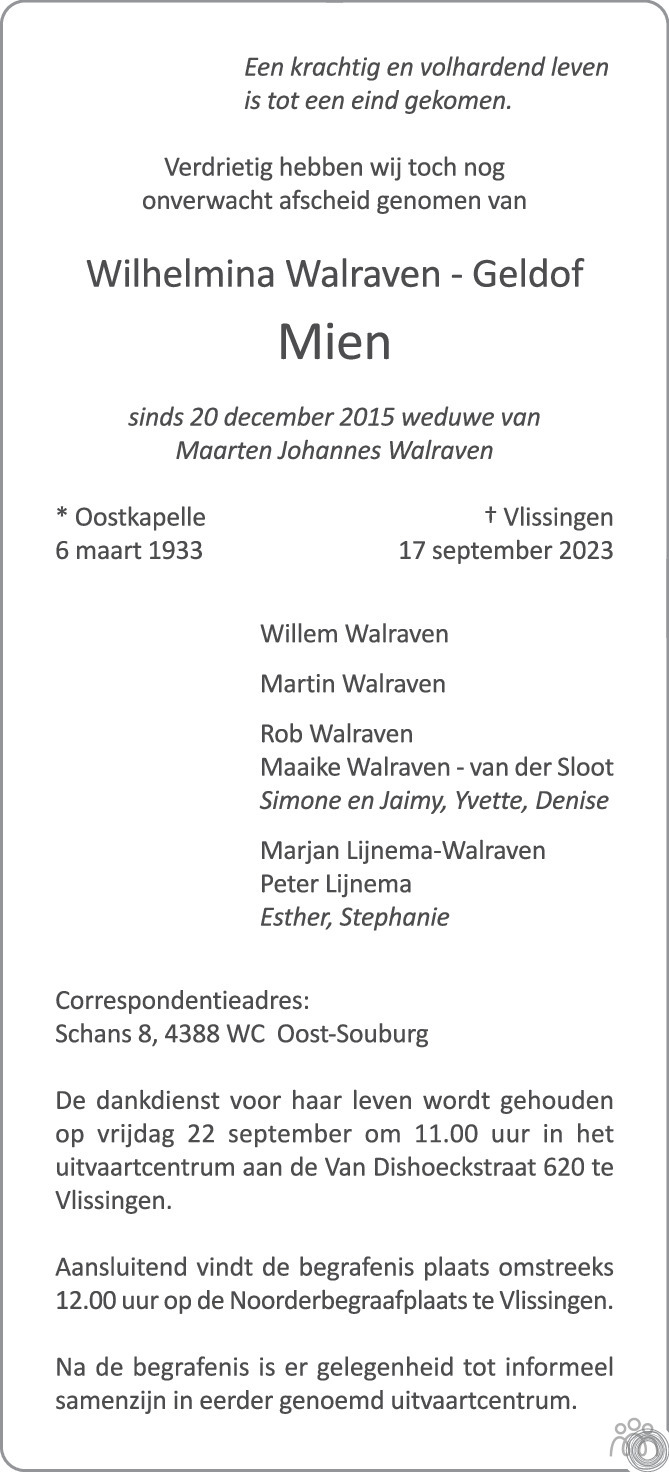 Overlijdensbericht van Wilhelmina (Mien)  Walraven-Geldof in PZC Provinciale Zeeuwse Courant