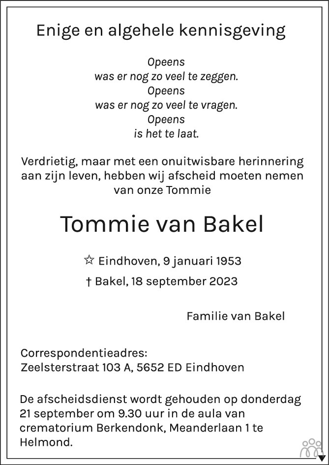 Overlijdensbericht van Tommie van Bakel in Eindhovens Dagblad