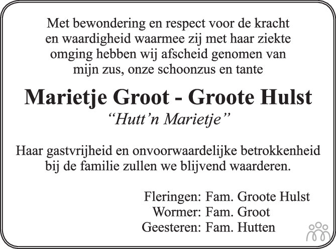 Overlijdensbericht van Maria Elisabeth Gemmana  Groot-Groote Hulst in Tubantia