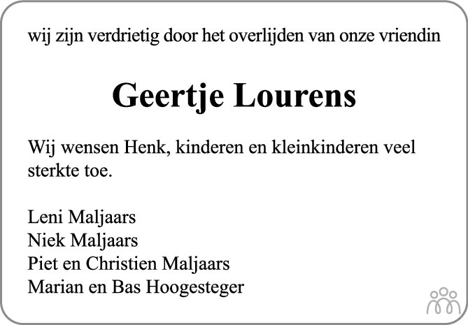 Overlijdensbericht van Geertje Sjoerdina  Lourens-van Lang in PZC Provinciale Zeeuwse Courant