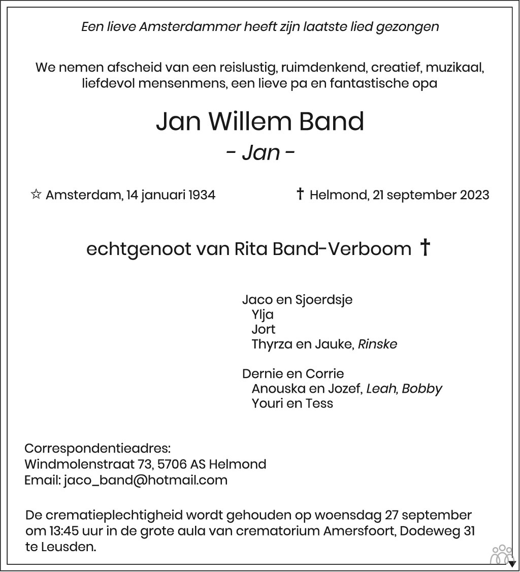 Jan Willem (Jan) Band 21-09-2023 overlijdensbericht en condoleances ...