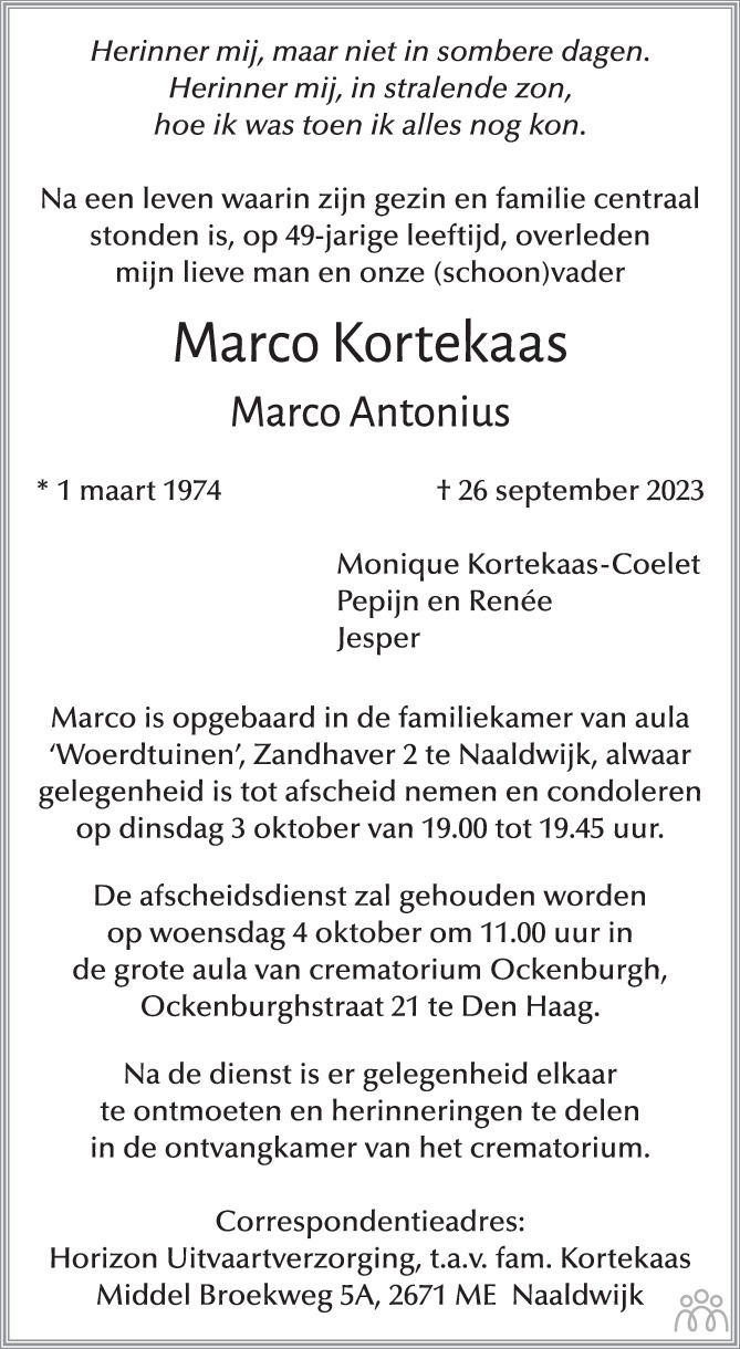 Marco Marco Antonius Kortekaas Overlijdensbericht En