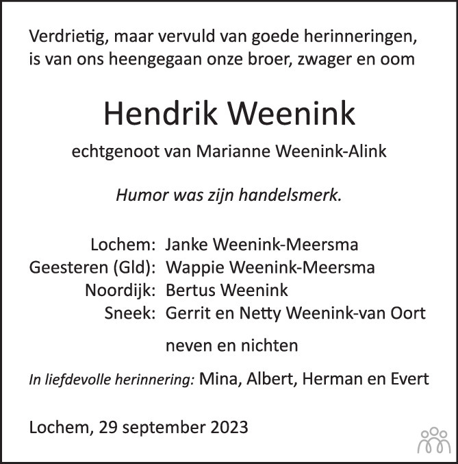 Hendrik Weenink 27092023 overlijdensbericht en condoleances