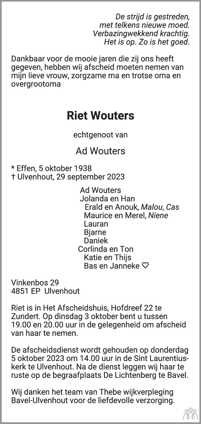 Riet Wouters-Wouters 29-09-2023 overlijdensbericht en condoleances ...