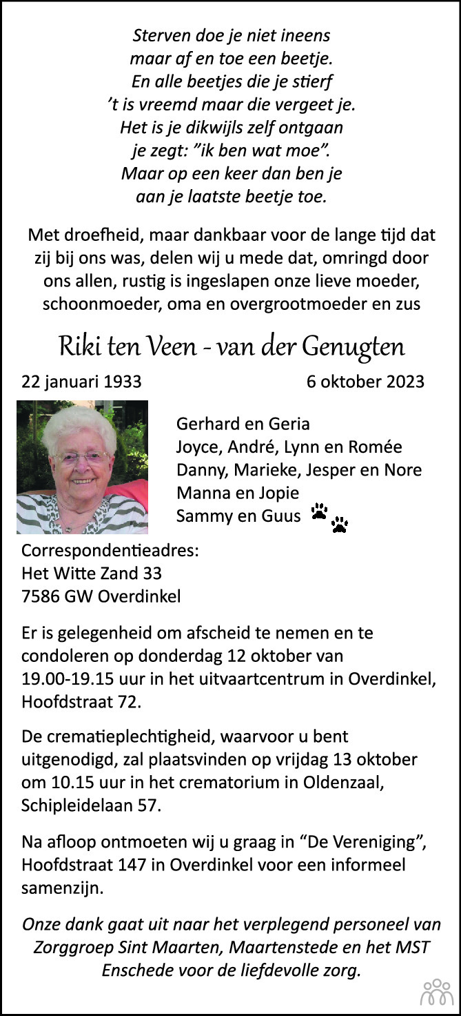 Riki ten Veenvan der Genugten 06102023 overlijdensbericht en