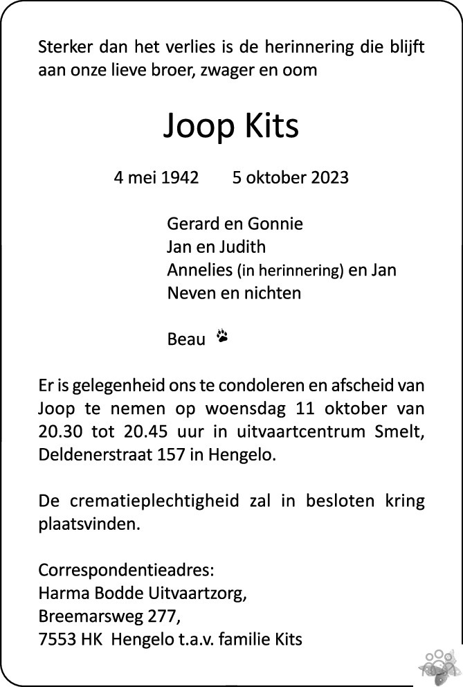 Joop Kits 05102023 overlijdensbericht en condoleances Mensenlinq.nl