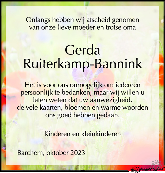 Gerda Ruiterkamp Bannink 28 08 2023 Overlijdensbericht En Condoleances