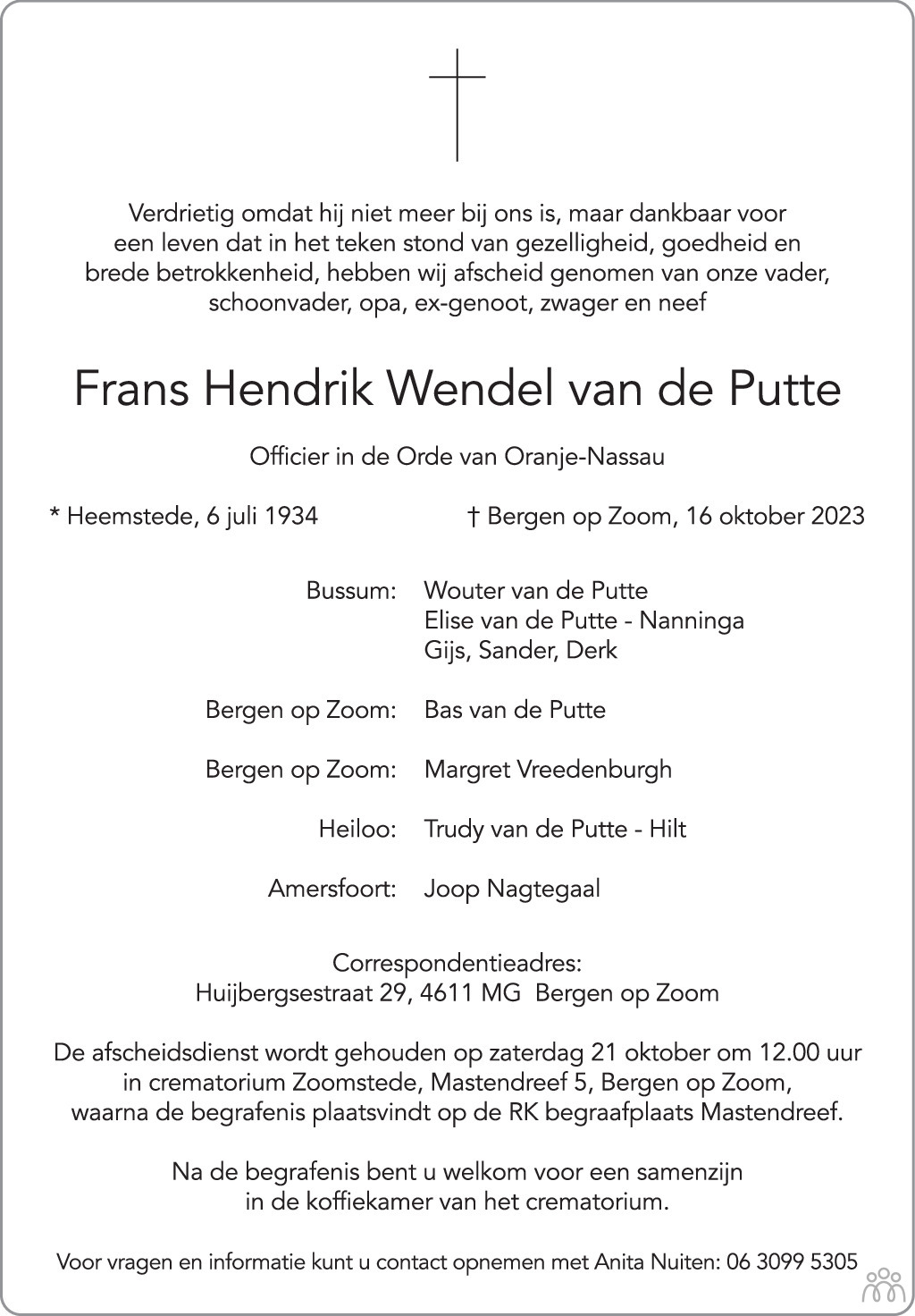 Frans Hendrik Wendel van de Putte 16-10-2023 overlijdensbericht en ...