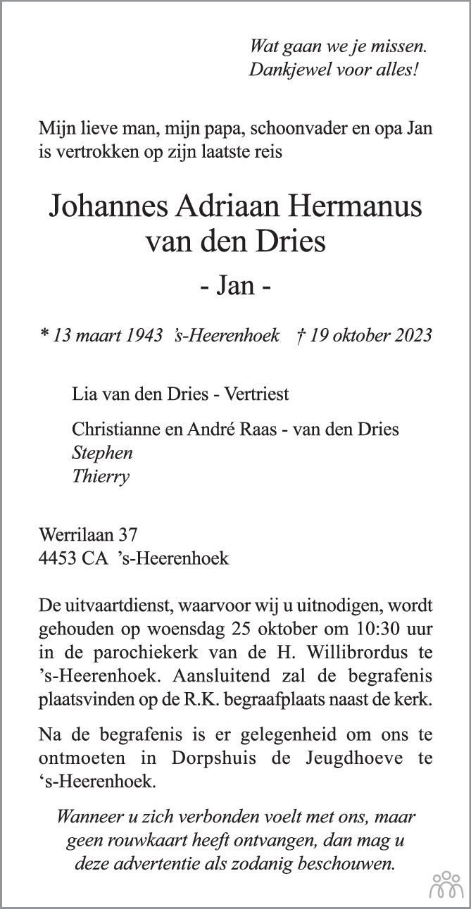 Jan Johannes Adriaan Hermanus Van Den Dries 19 10 2023