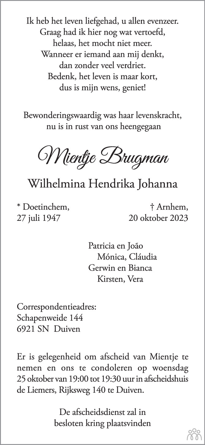 Mientje Wilhelmina Hendrika Johanna Brugman 20 10 2023 Overlijdensbericht En Condoleances