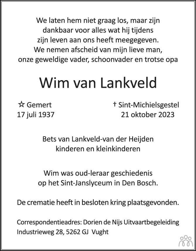 Wim Van Lankveld 21 10 2023 Overlijdensbericht En Condoleances