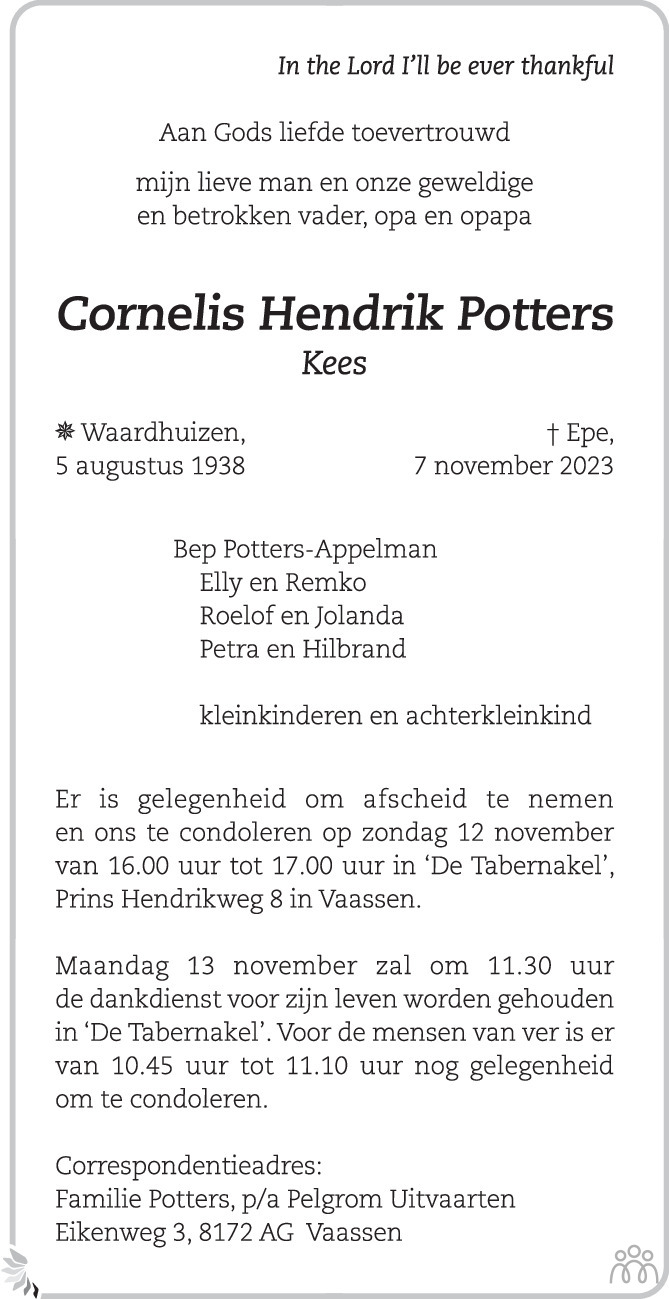 Kees Cornelis Hendrik Potters 07 11 2023 Overlijdensbericht En Condoleances Mensenlinq Nl