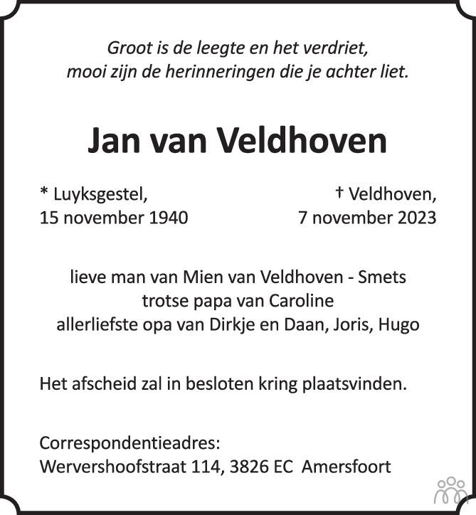 Jan van Veldhoven 07-11-2023 overlijdensbericht en condoleances ...