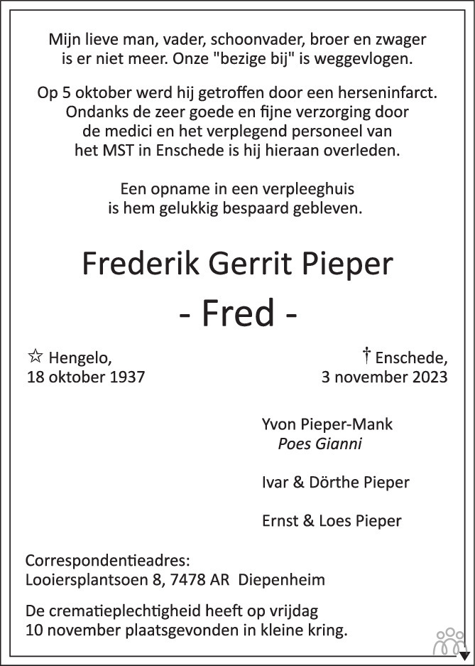 Fred Frederik Gerrit Pieper Overlijdensbericht En