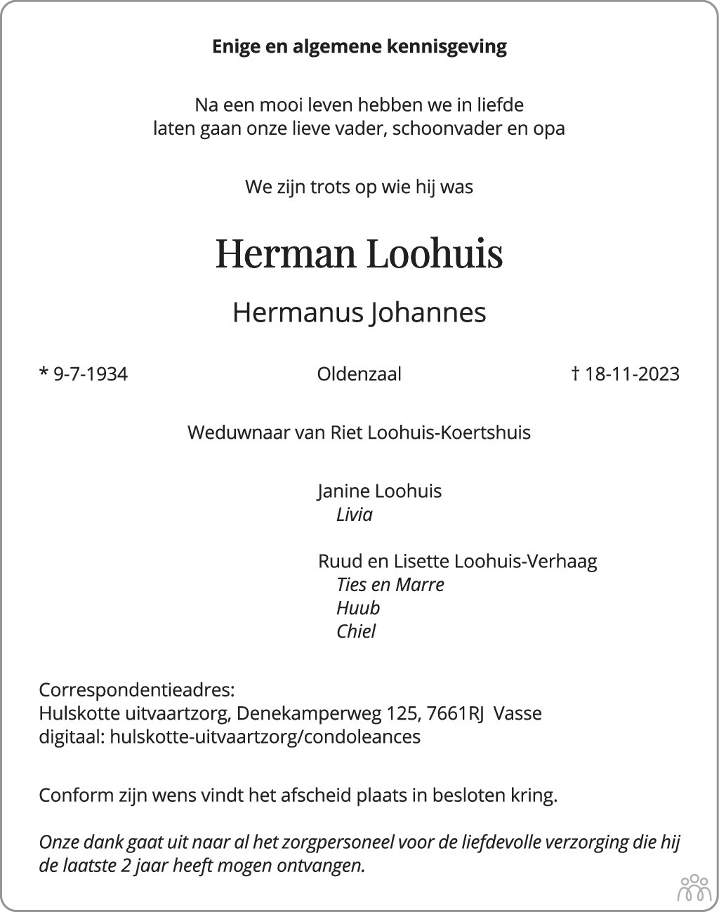 Herman Hermanus Johannes Loohuis 18 11 2023 Overlijdensbericht En