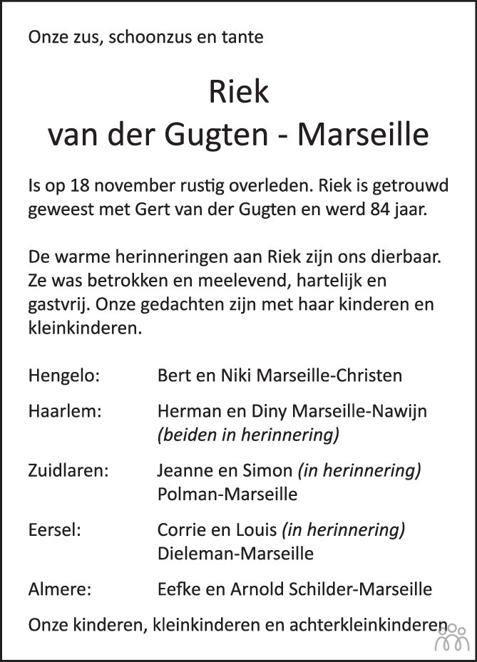 Hendrika (Riek) van der GugtenMarseille 18112023 overlijdensbericht