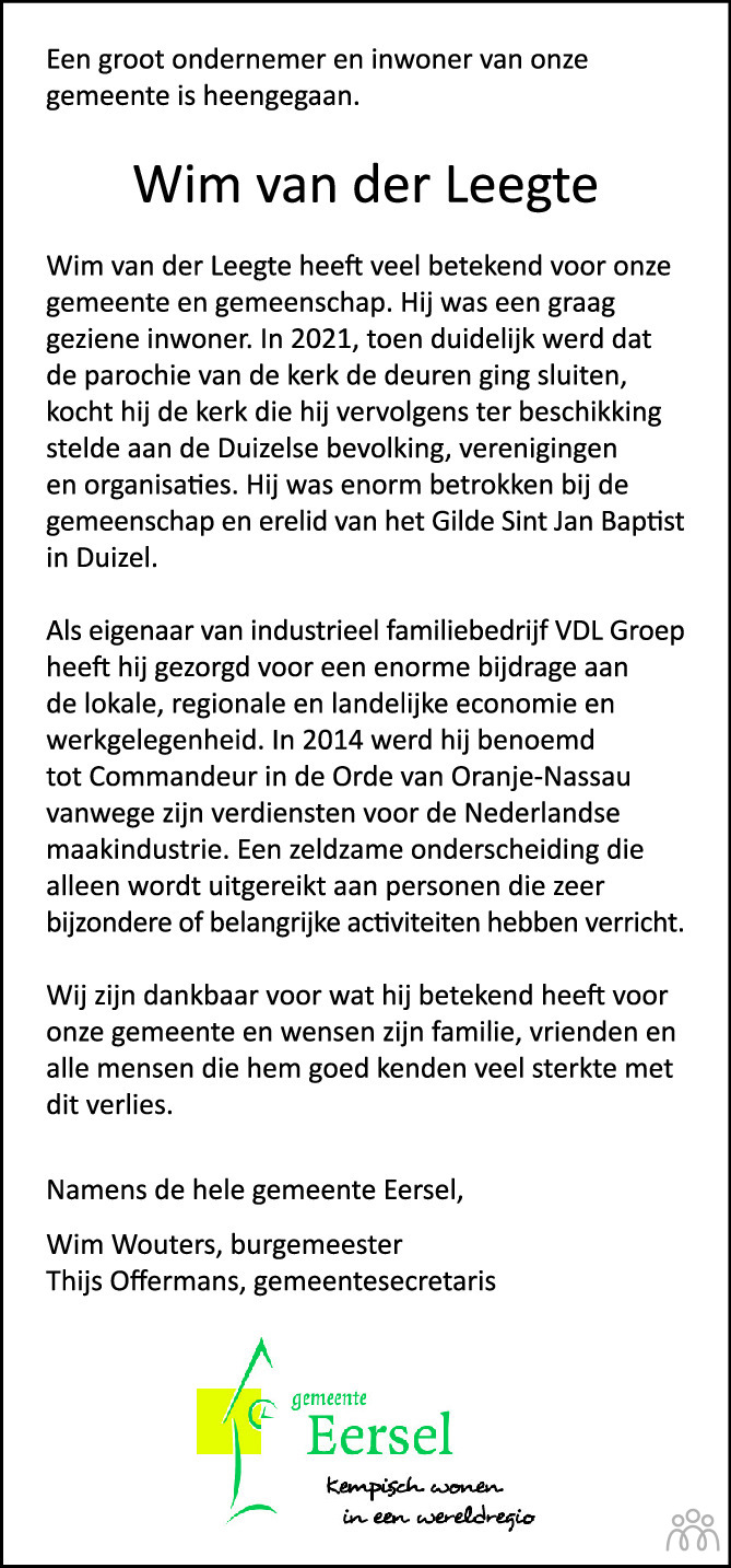 Wim van der Leegte 19-11-2023 overlijdensbericht en condoleances
