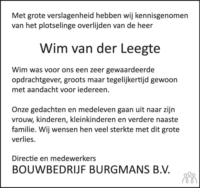Wim van der Leegte 19-11-2023 overlijdensbericht en condoleances