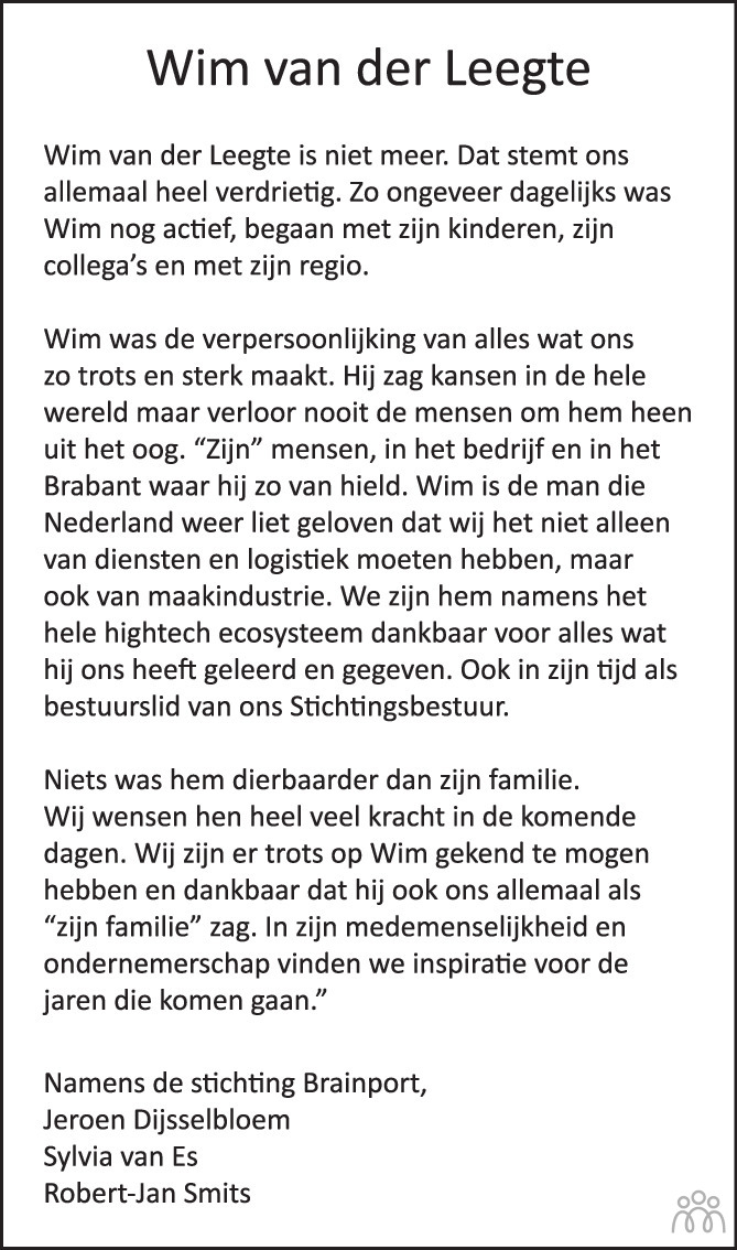 Wim van der Leegte 19-11-2023 overlijdensbericht en condoleances