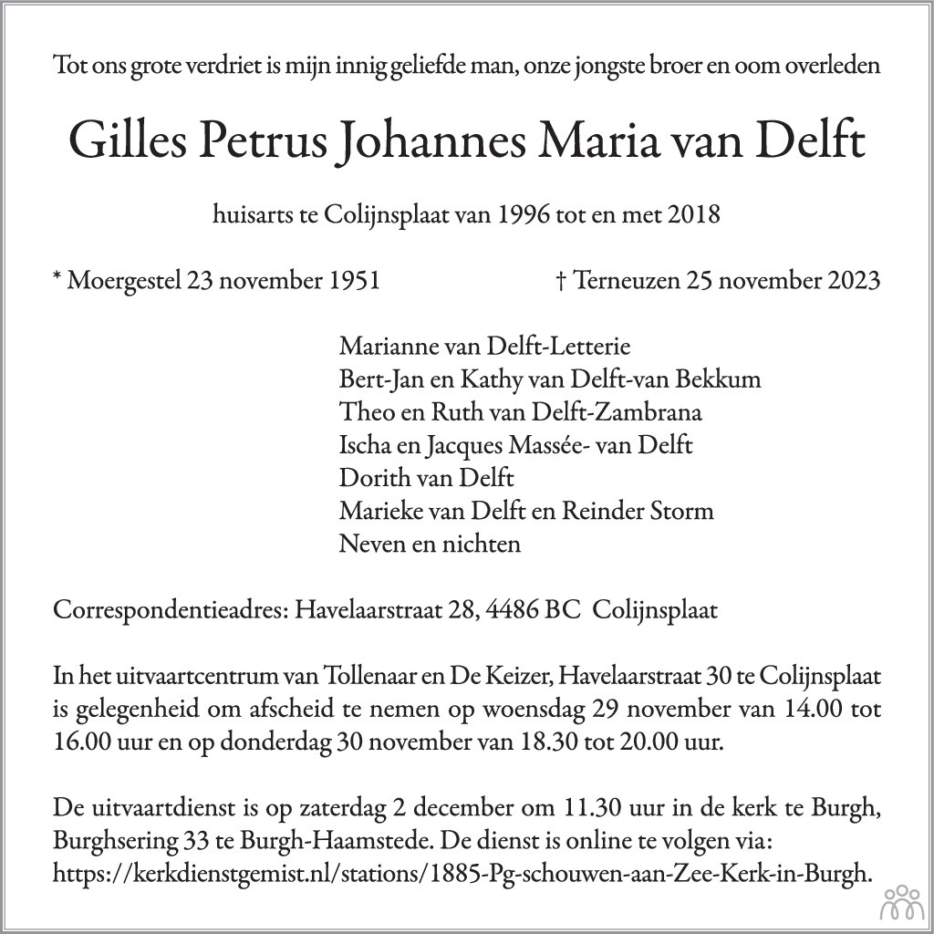 Gilles Petrus Johannes Maria Van Delft 25 11 2023 Overlijdensbericht En