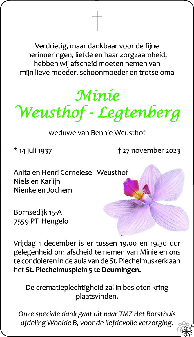 Minie Weusthof Legtenberg 27 11 2023 Overlijdensbericht En Condoleances