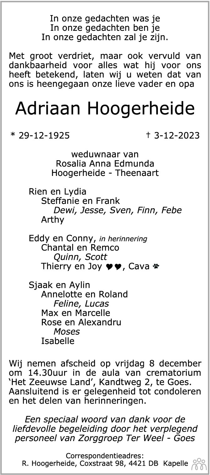 Adriaan Hoogerheide 03122023 overlijdensbericht en condoleances