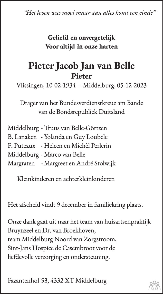 Pieter Jacob Jan (Pieter) van Belle 05-12-2023 overlijdensbericht en ...