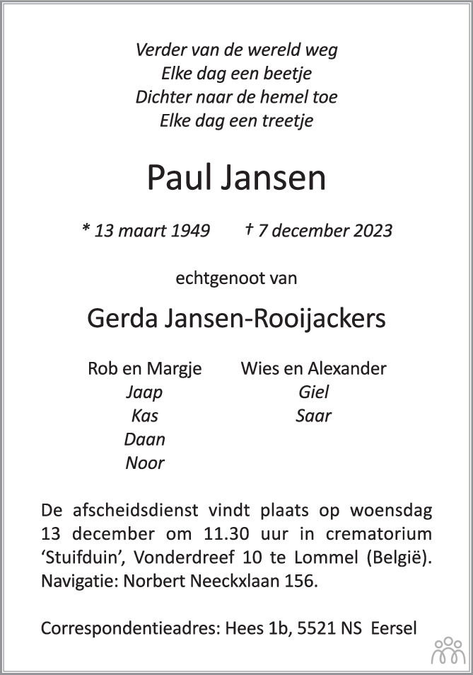 Paul Jansen 07-12-2023 overlijdensbericht en condoleances - Mensenlinq.nl