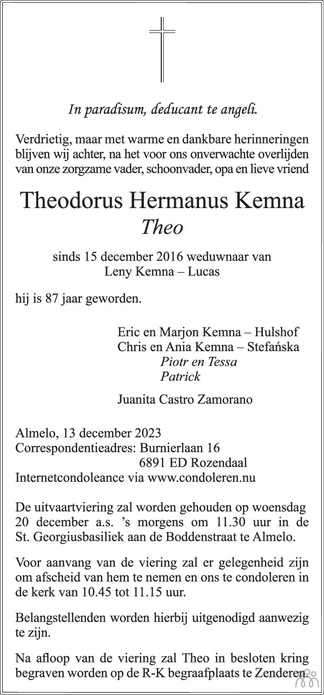 Theodorus Hermanus Theo Kemma 13 12 2023 Overlijdensbericht En