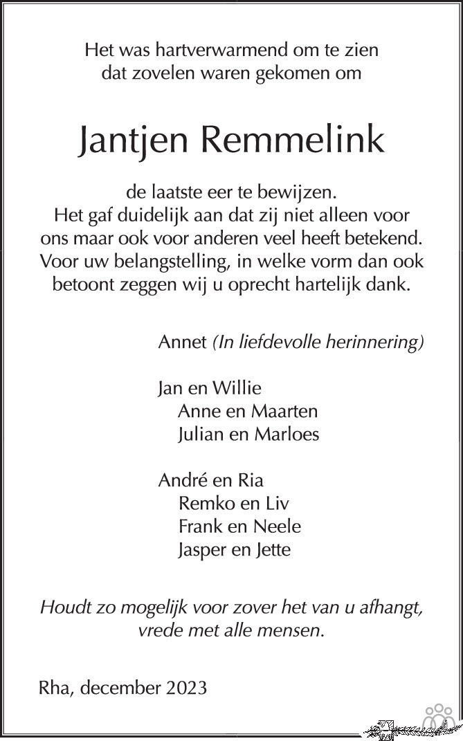 Jantjen Remmelink 24-10-2023 overlijdensbericht en condoleances ...