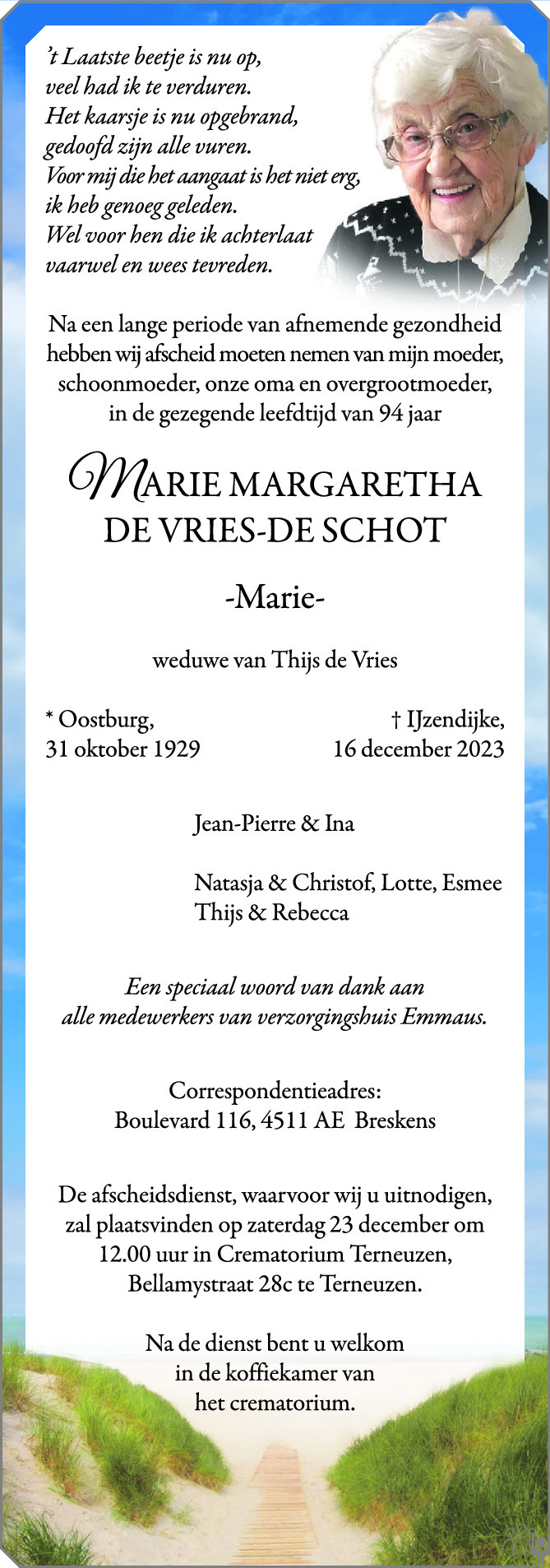 Marie Margaretha de Vries-de Schot 16-12-2023 overlijdensbericht en ...