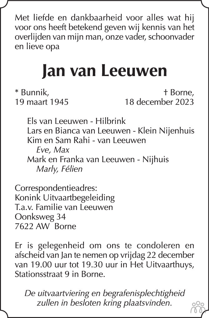 Jan van Leeuwen 18-12-2023 overlijdensbericht en condoleances ...