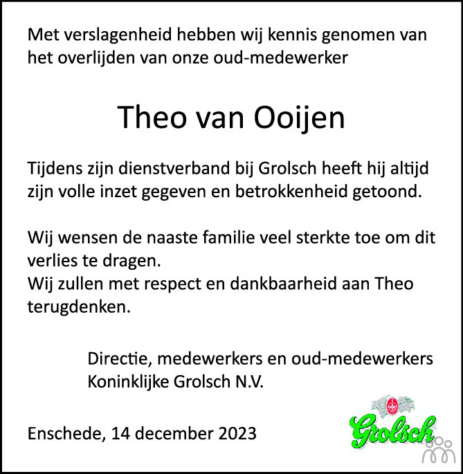 Theo Theodorus Hermanus Cornelis Van Ooijen Overlijdensbericht En Condoleances