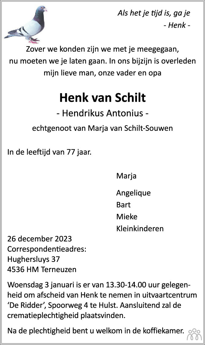 Henk Hendrikus Antonius Van Schilt 26 12 2023 Overlijdensbericht En Condoleances Mensenlinq Nl