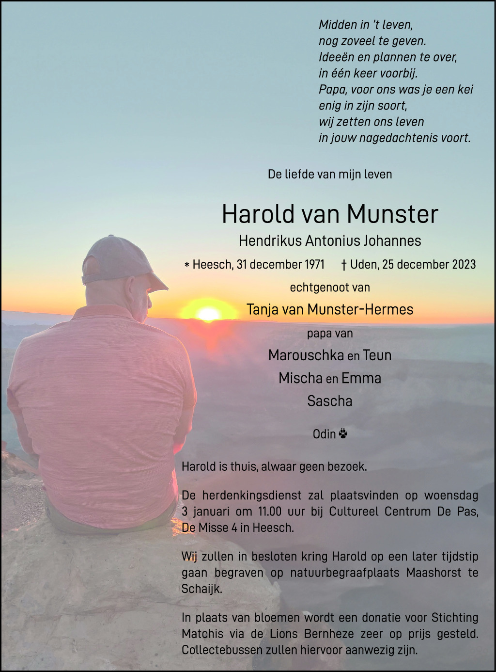 Harold Hendrikus Antonius Johannes Van Munster 25 12 2023 Overlijdensbericht En Condoleances