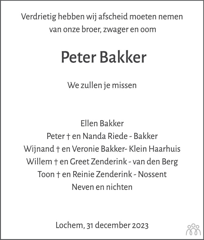 Petrus Wijnandus Joseph (Peter) Bakker 31-12-2023 overlijdensbericht en ...