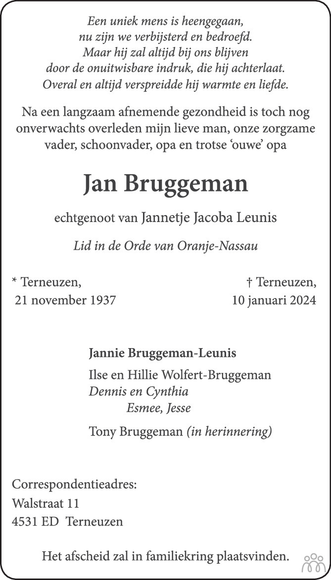 Jan Bruggeman 10-01-2024 overlijdensbericht en condoleances - Mensenlinq.nl