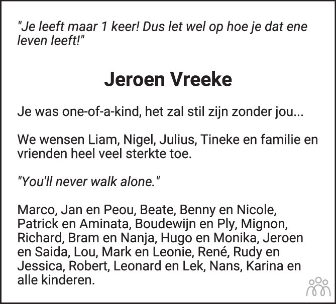 Jeroen Vreeke 13012024 overlijdensbericht en condoleances Mensenlinq.nl