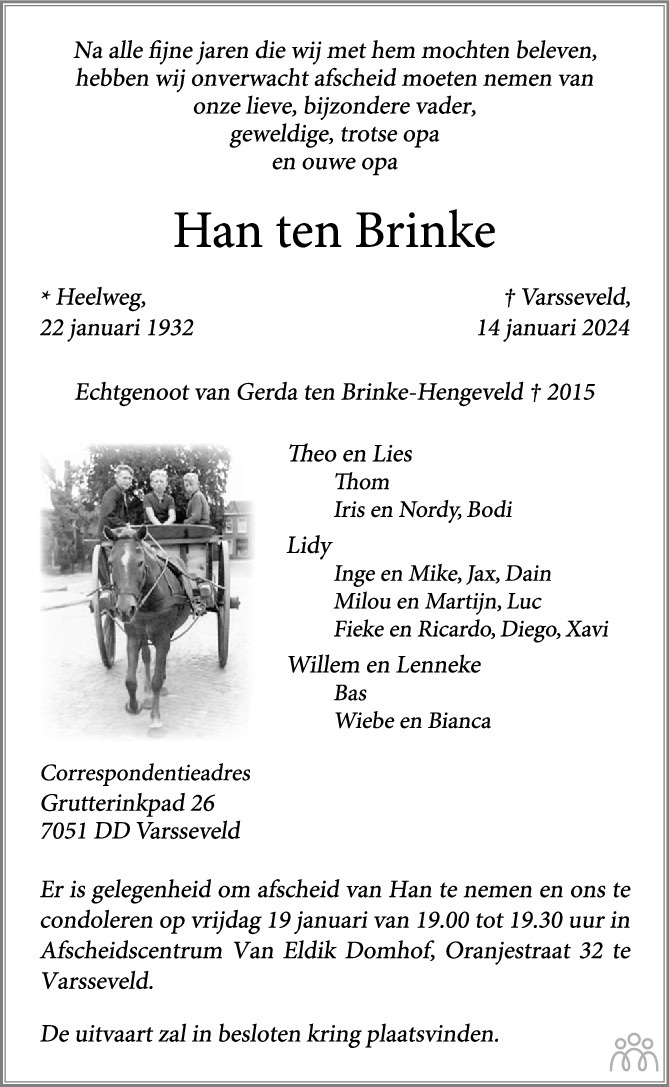 Han ten Brinke 14-01-2024 overlijdensbericht en condoleances ...