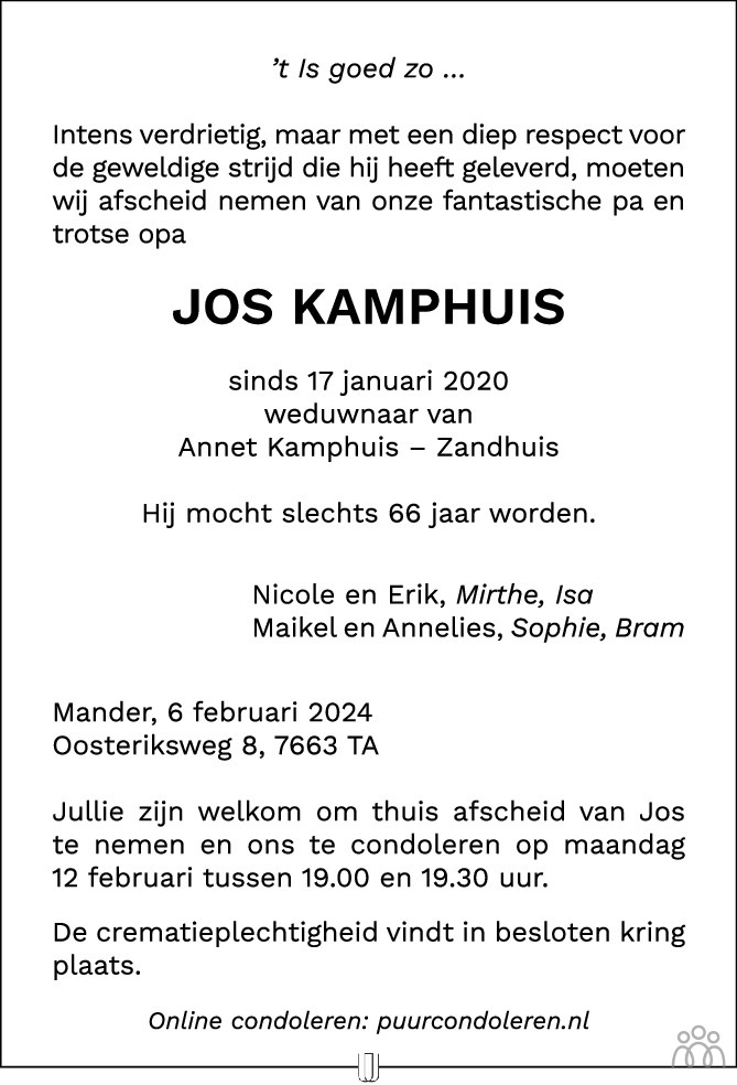 Jos Kamphuis 06-02-2024 overlijdensbericht en condoleances - Mensenlinq.nl