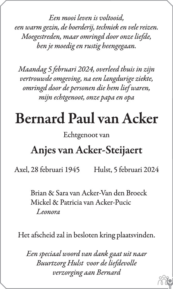 Bernard Paul van Acker 05-02-2024 overlijdensbericht en condoleances ...