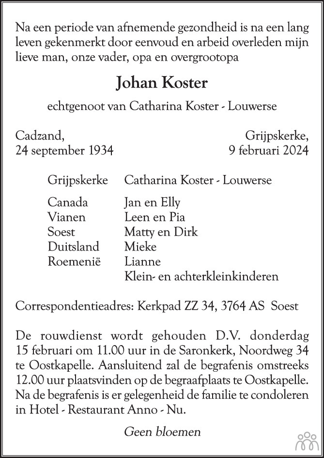 Johan Koster 09-02-2024 overlijdensbericht en condoleances - Mensenlinq.nl