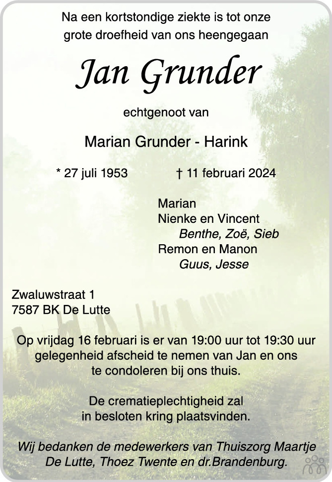 Jan Grunder 11-02-2024 overlijdensbericht en condoleances - Mensenlinq.nl