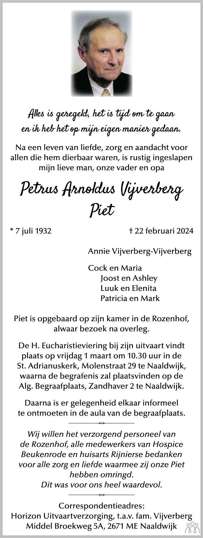 Piet Petrus Arnoldus Vijverberg Overlijdensbericht En