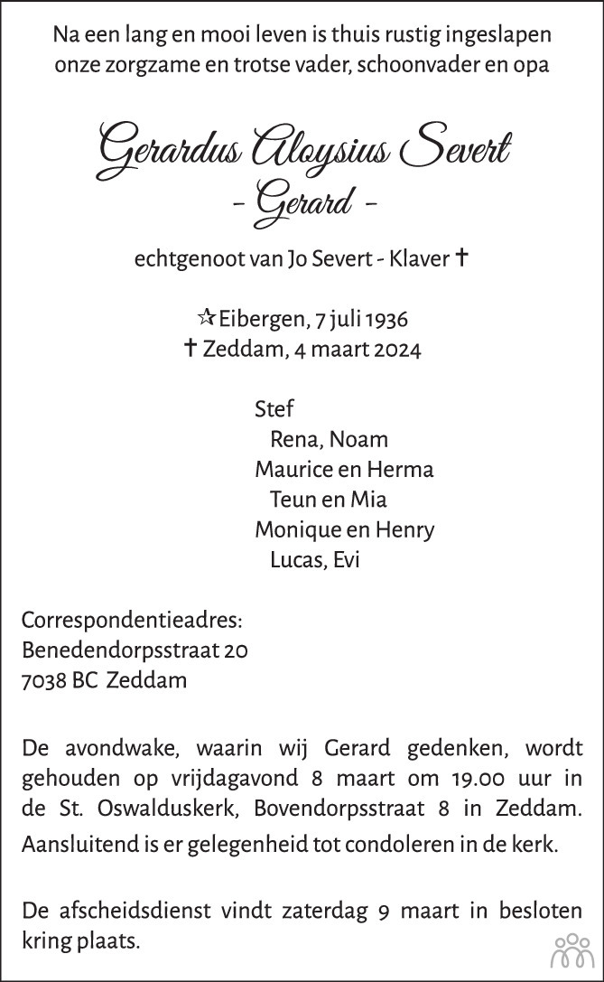 Gerard Gerardus Aloysius Severt 04 03 2024 Overlijdensbericht En